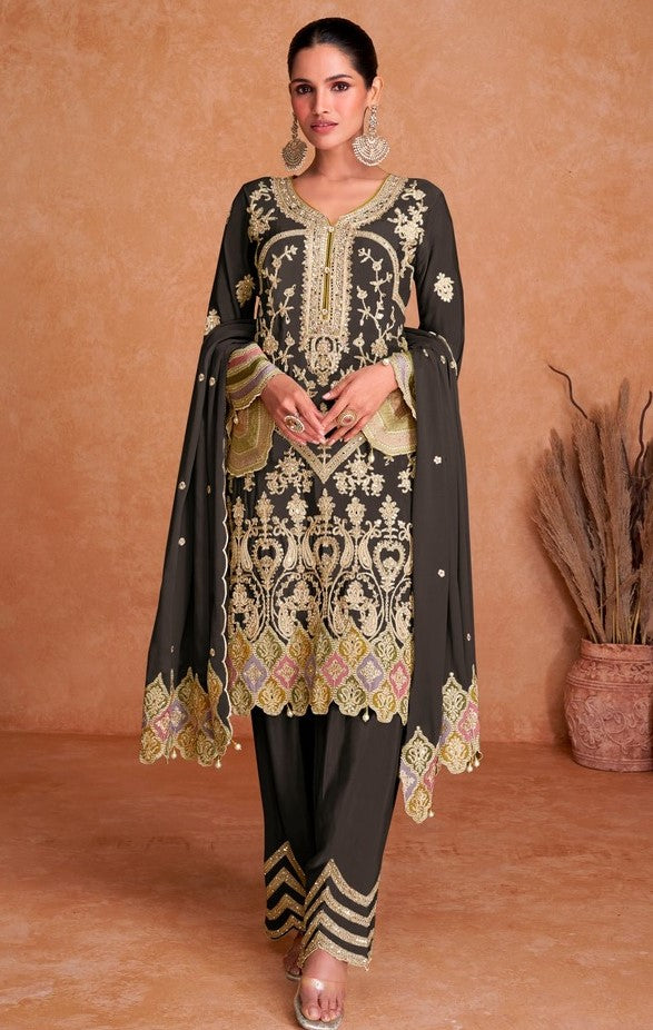 Tasteful Black Color Chinon Fabric Partywear Suit