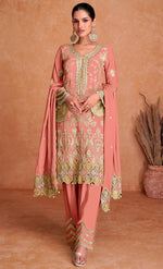 Tasteful Peach Color Chinon Fabric Partywear Suit