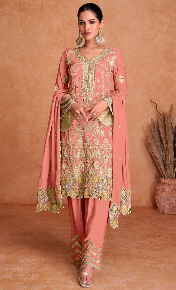 Tasteful Peach Color Chinon Fabric Partywear Suit