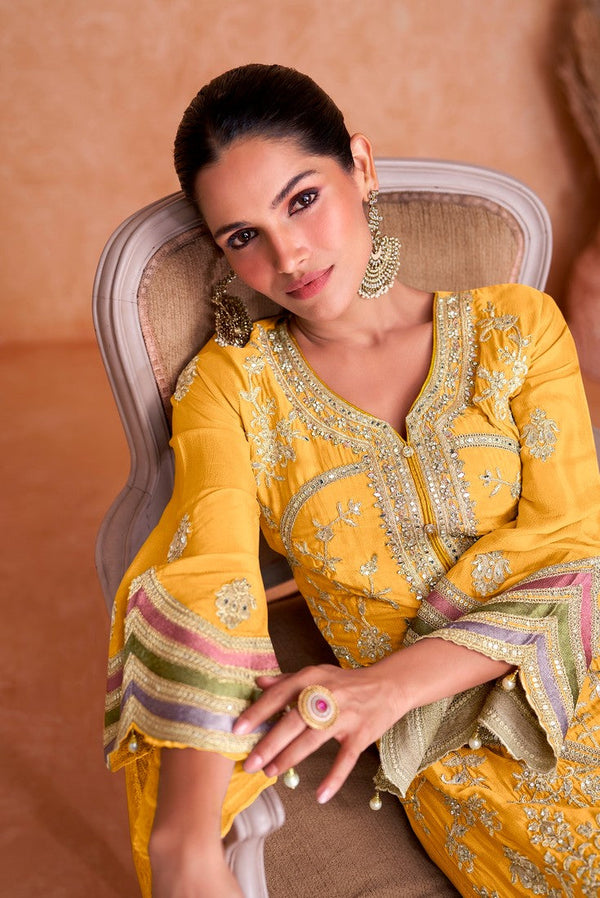 Tasteful Yellow Color Chinon Fabric Partywear Suit