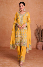 Tasteful Yellow Color Chinon Fabric Partywear Suit