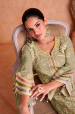 Tasteful Green Color Chinon Fabric Partywear Suit