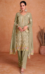 Tasteful Green Color Chinon Fabric Partywear Suit