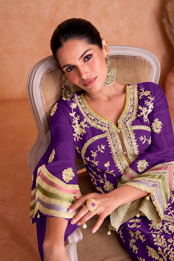 Tasteful Purple Color Chinon Fabric Partywear Suit