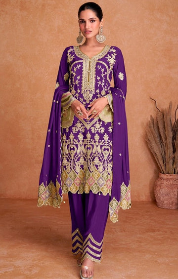 Tasteful Purple Color Chinon Fabric Partywear Suit