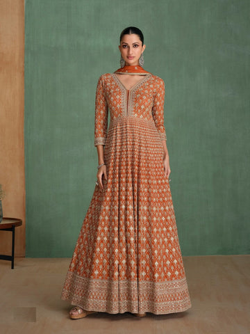 Tasteful Orange Color Georgette Fabric Gown