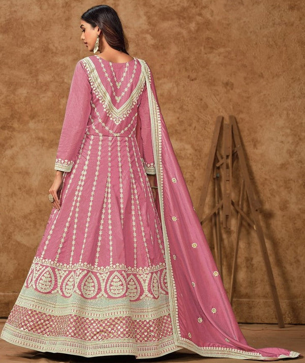 Tasteful Pink Color Silk Fabric Gown