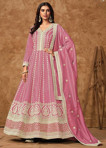 Tasteful Pink Color Silk Fabric Gown