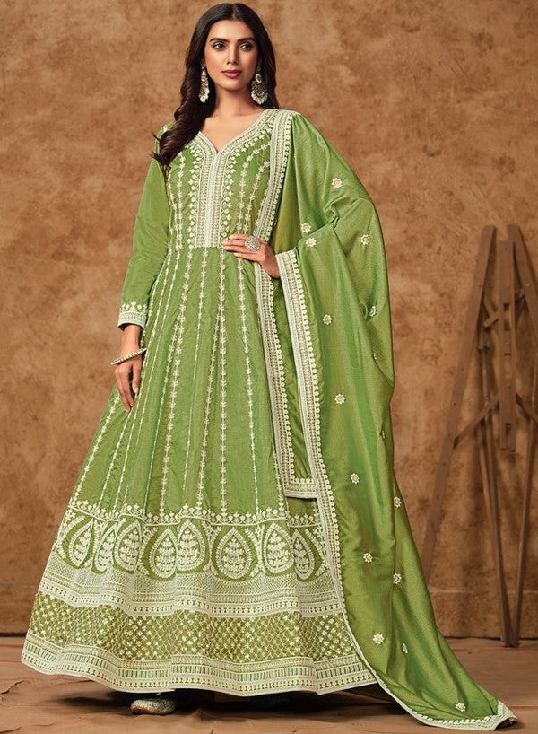 Tasteful Green Color Silk Fabric Gown