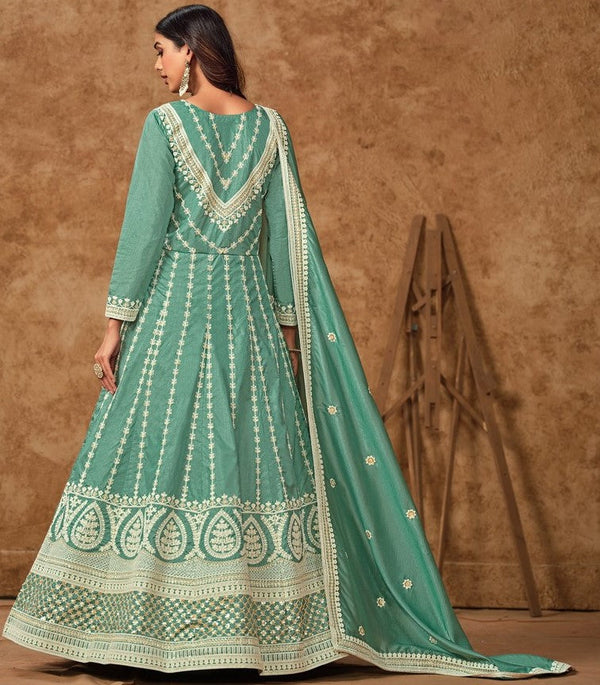 Tasteful Aqua Color Silk Fabric Gown