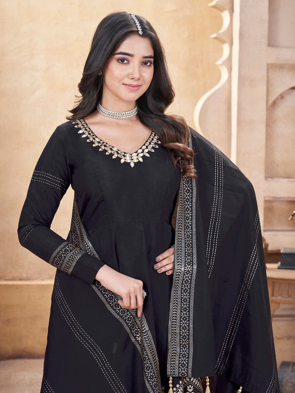 Striking Black Color Silk Fabric Plazzo Suit