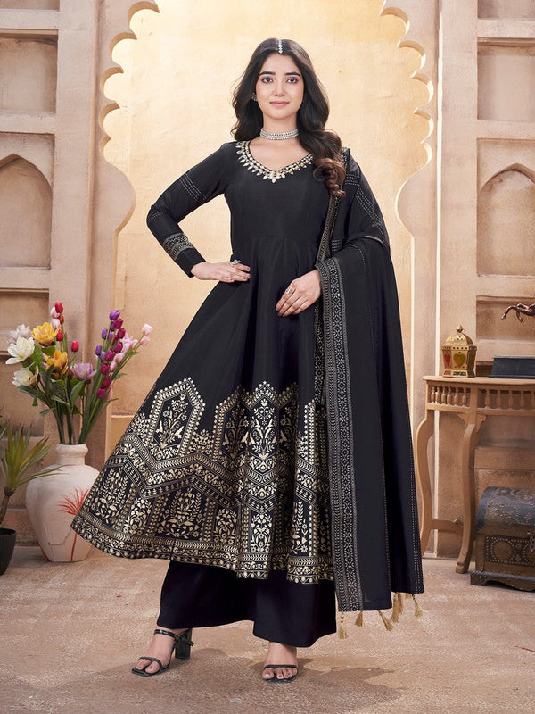 Striking Black Color Silk Fabric Plazzo Suit