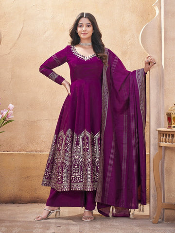 Striking Voilet Color Silk Fabric Plazzo Suit