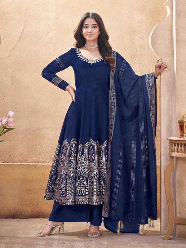 Striking Navy Blue  Color Silk Fabric Plazzo Suit