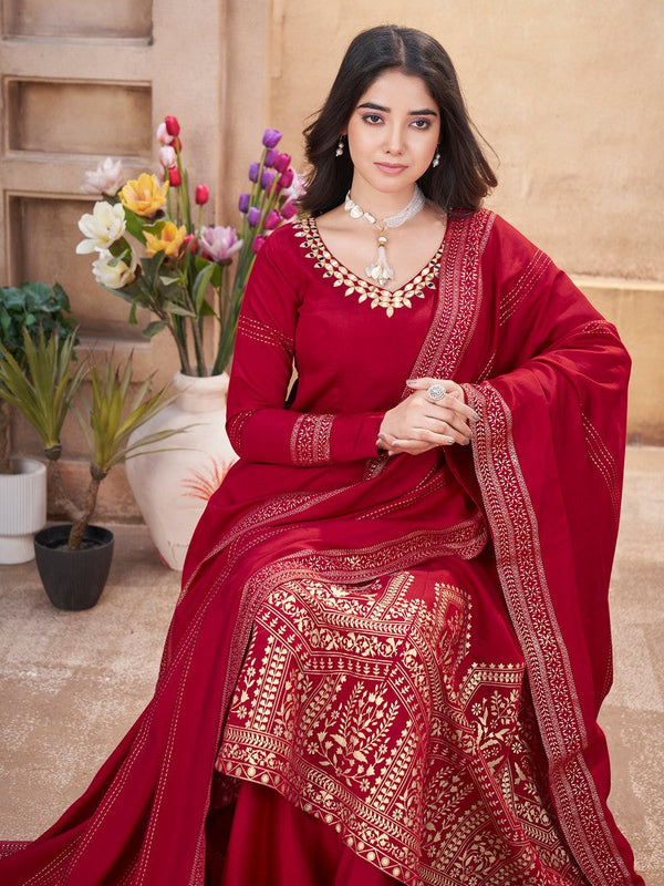 Striking Red Color Silk Fabric Plazzo Suit