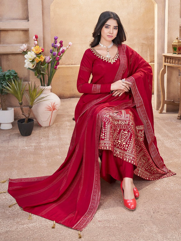 Striking Red Color Silk Fabric Plazzo Suit