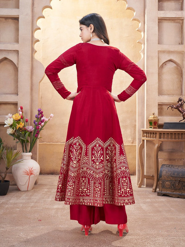 Striking Red Color Silk Fabric Plazzo Suit