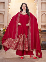 Striking Red Color Silk Fabric Plazzo Suit