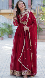 Striking Maroon Color Blooming Fabric Gown