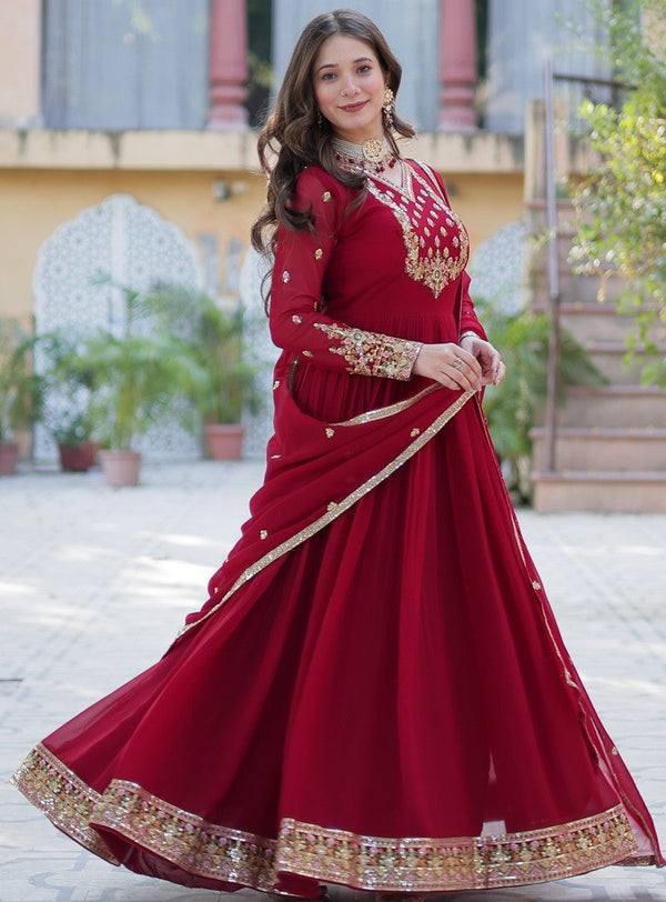 Striking Maroon Color Blooming Fabric Gown