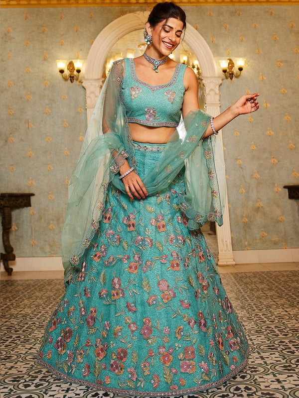 Amazing Turquoise Color Net Fabric Party Wear Lehenga