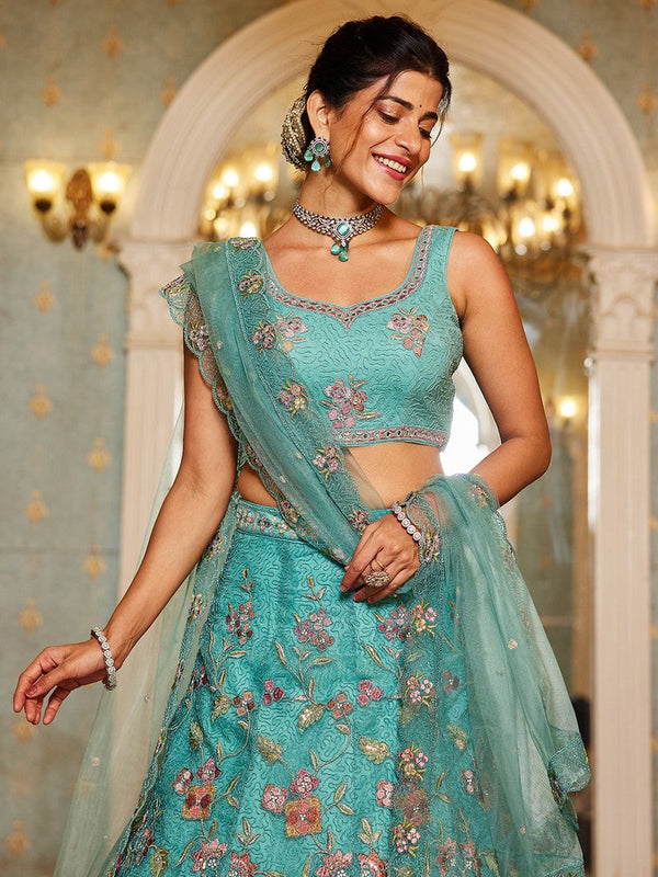 Amazing Turquoise Color Net Fabric Party Wear Lehenga