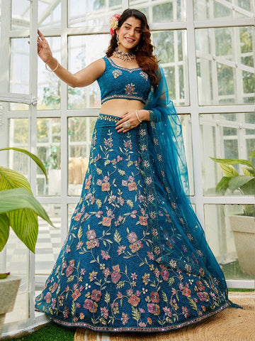 Amazing Teal Color Net Fabric Party Wear Lehenga