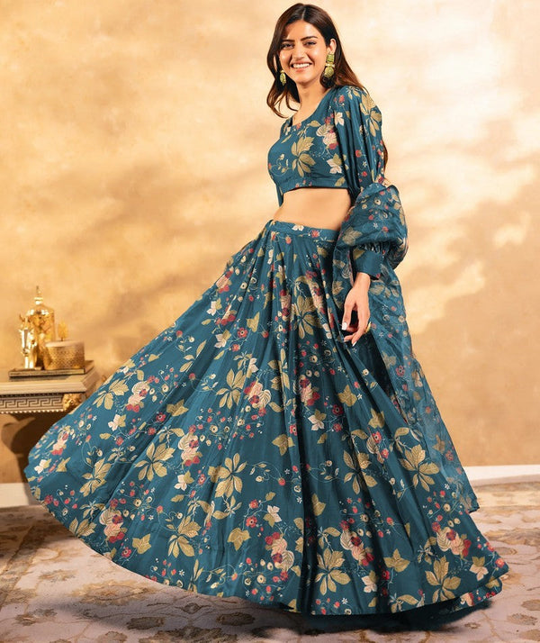 Amazing Teal Color Chinon Fabric Designer Lehenga