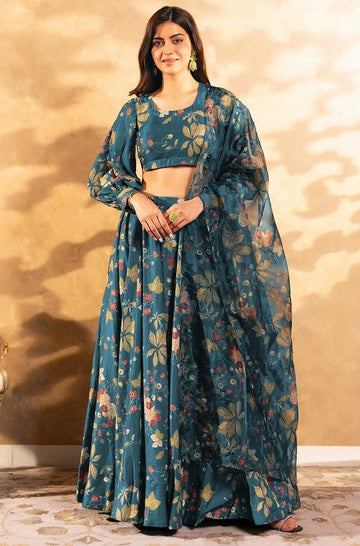 Amazing Teal Color Chinon Fabric Designer Lehenga