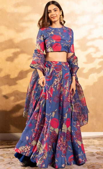 Amazing Blue Color Chinon Fabric Designer Lehenga