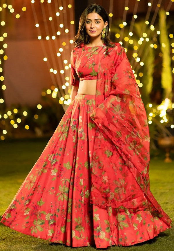 Amazing Red Color Chinon Fabric Designer Lehenga