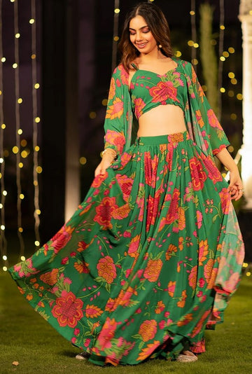 Amazing Green Color Chinon Fabric Designer Lehenga