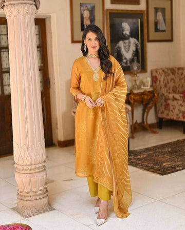 Gorgeous Yellow Color Rayon Fabric Designer Suit