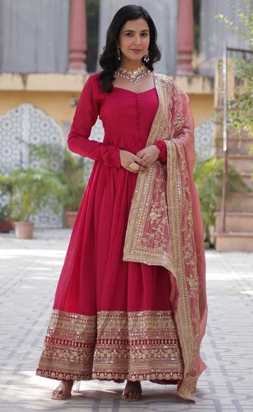 Amazing Pink Color Shimmer Fabric Gown with Dupatta