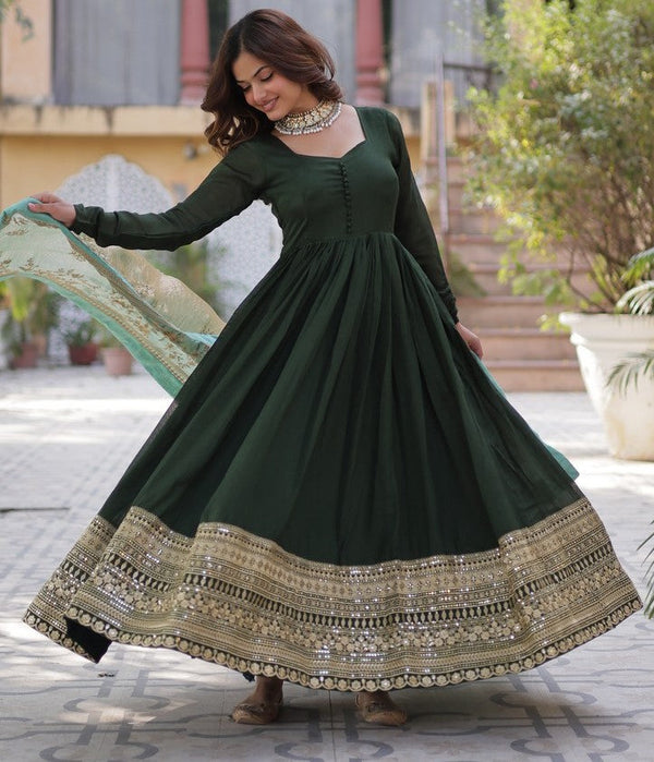 Amazing Green Color Shimmer Fabric Gown with Dupatta