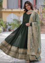 Amazing Green Color Shimmer Fabric Gown with Dupatta