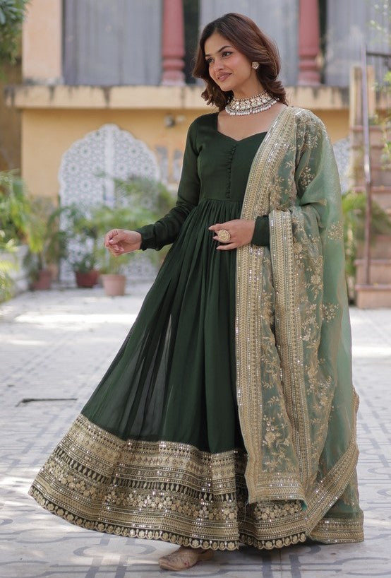 Amazing Green Color Shimmer Fabric Gown with Dupatta