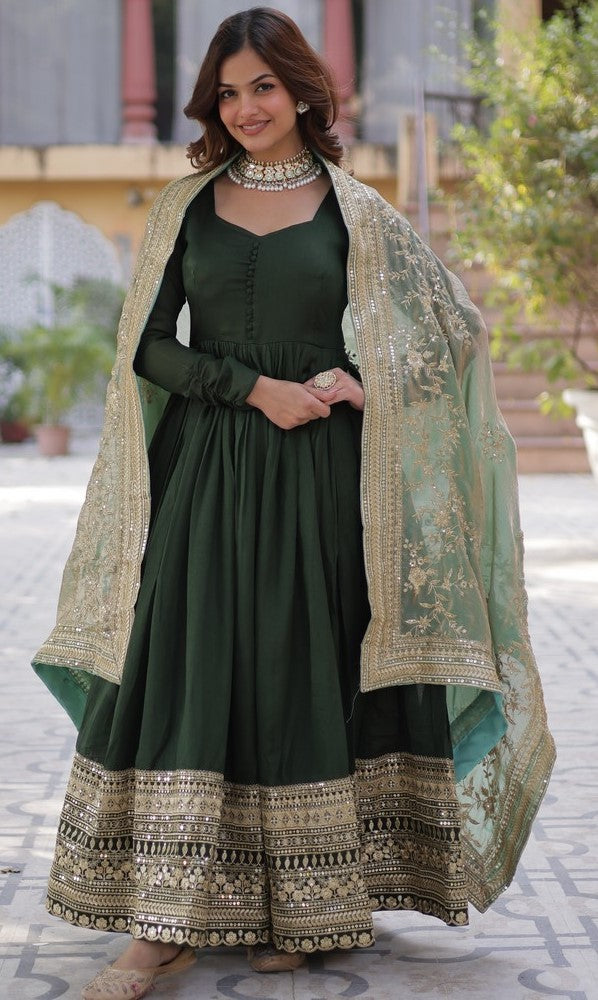 Amazing Green Color Shimmer Fabric Gown with Dupatta