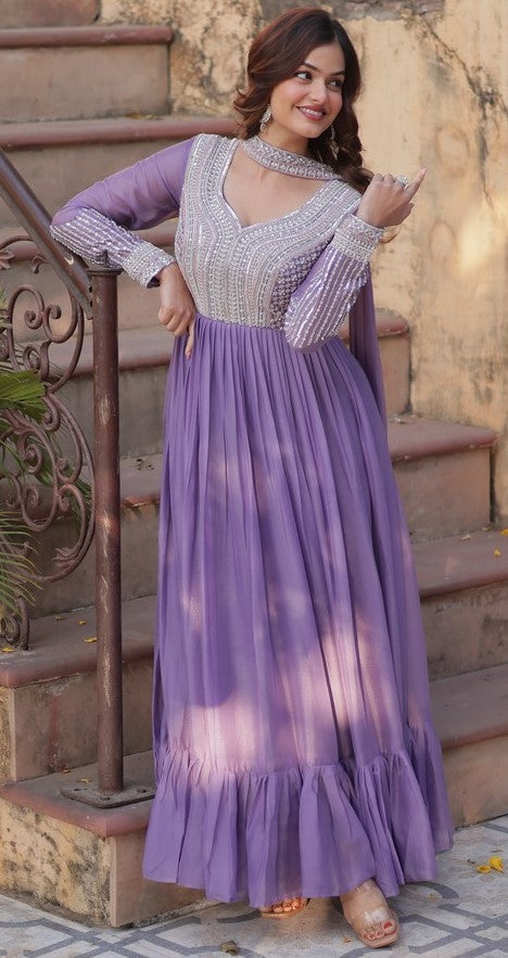 Beautiful Purple Color Georgette Fabric Gown with Dupatta