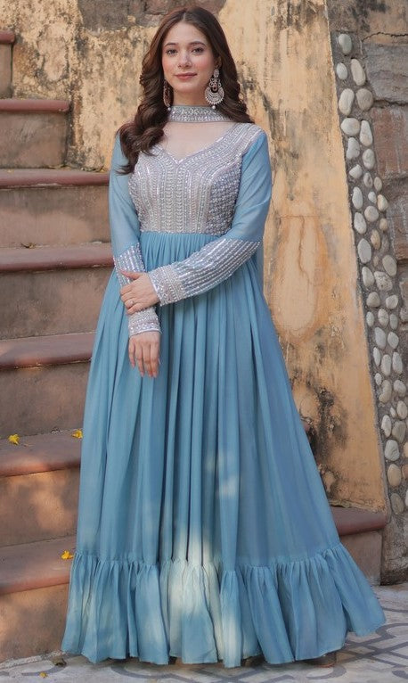 Beautiful Aqua Color Georgette Fabric Gown with Dupatta