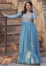 Beautiful Aqua Color Georgette Fabric Gown with Dupatta