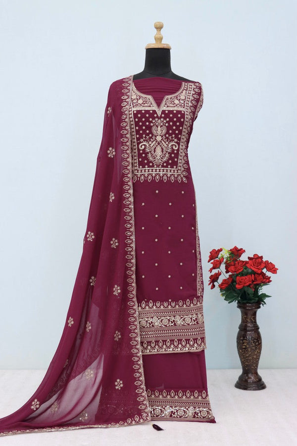 Tasteful Wine Color Georgette Fabric Plazzo Suit