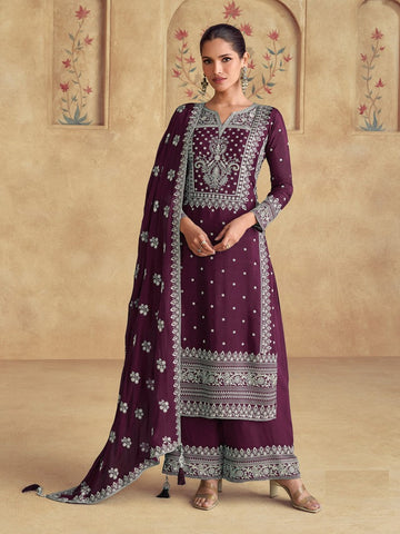 Tasteful Wine Color Georgette Fabric Plazzo Suit