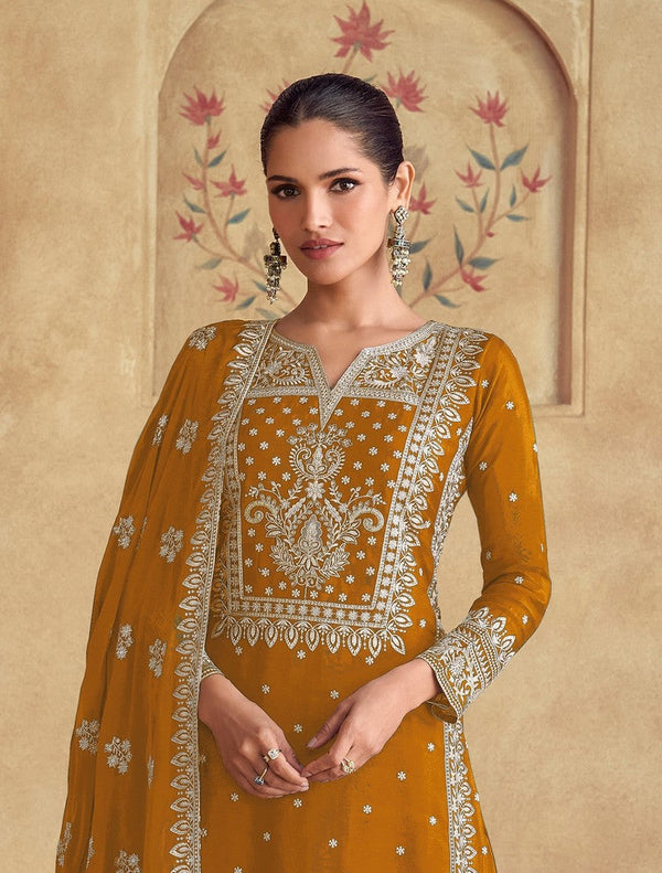 Tasteful Mustard Color Georgette Fabric Plazzo Suit