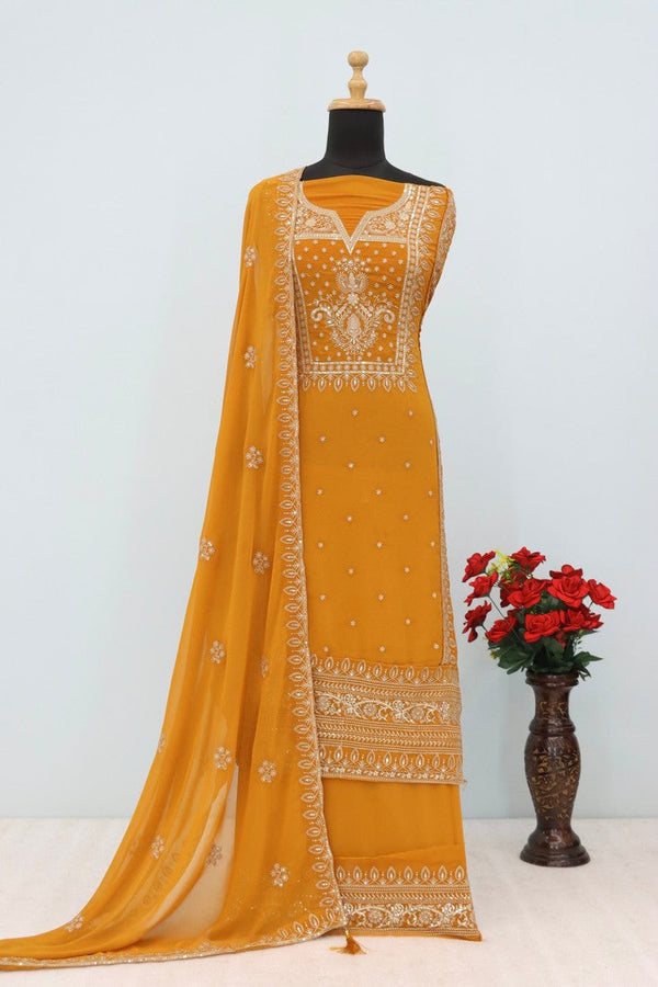 Tasteful Mustard Color Georgette Fabric Plazzo Suit