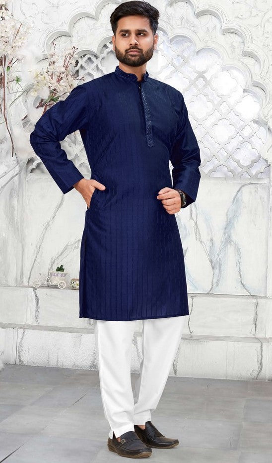 Dazzling Navy Blue Color Rayon Fabric Kurta Pajama