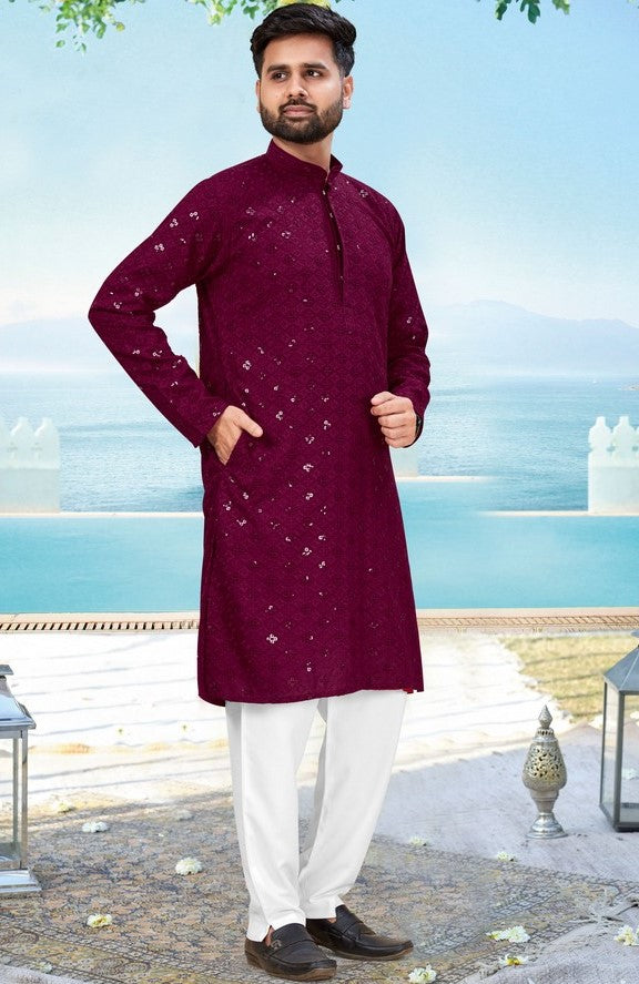 Dazzling Purple Color Rayon Fabric Kurta Pajama