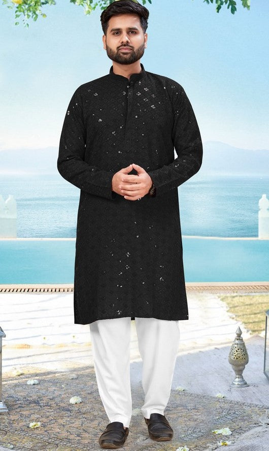Dazzling Black Color Rayon Fabric Kurta Pajama