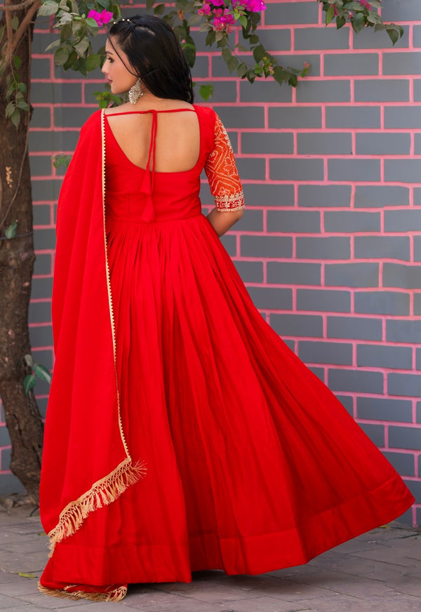 Tempting Red Color Chinon Fabric Gown With Dupatta