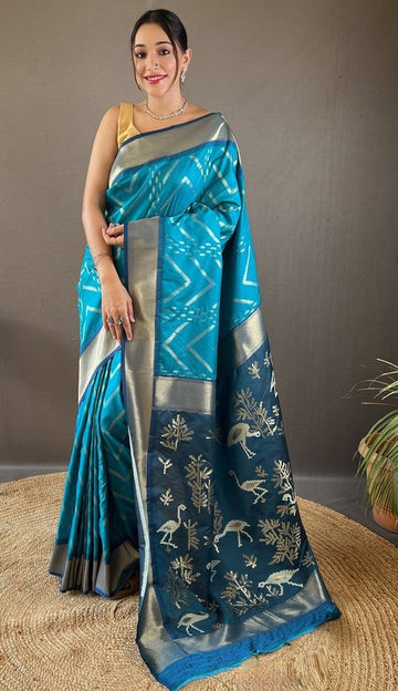 Ideal Turquoise Color Silk Fabric Partywear Saree